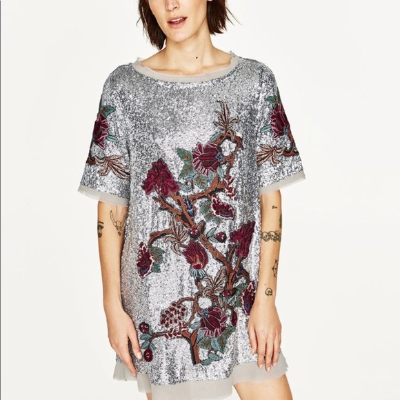 Zara Sequin Embroidered Floral Dress